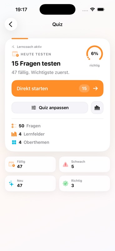 LernHeld Quiz mit fälligen Fragen und Fortschrittsanzeige