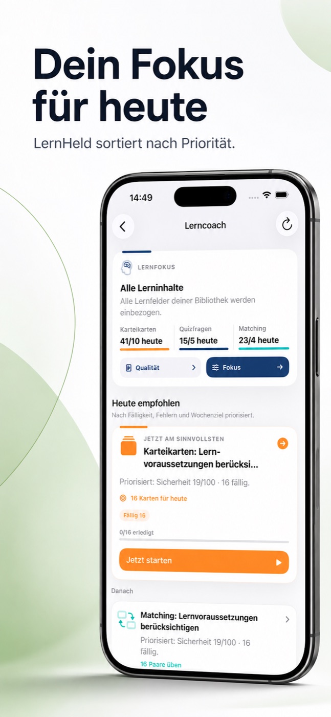 LernHeld Lerncoach priorisiert Karteikarten, Quiz und Matching für den nächsten Lernschritt